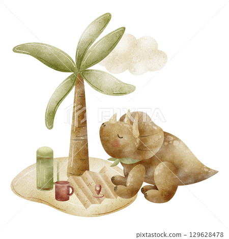 Watercolor illustrations dinosaur traveler, triceratops on the island palm in children's cartoon style isolated background. Adventure hiking dino drawing for design postcard invitations, leisure goods 129628478
