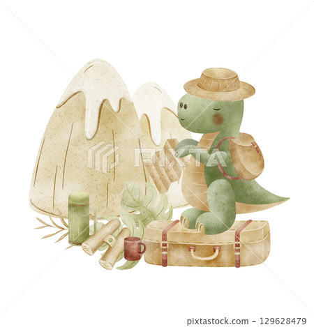 Dinosaur tyrannosaurus explorer, traveler. Watercolor illustrations of dino with suitcase, monstera, hiking items, mountains in children's cartoon style isolated on background for design postcard 129628479