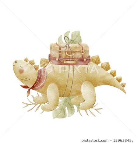 Composition dinosaur stegosaurus explorer, traveler with suitcases in tropical leaves monsters. Watercolor illustrations in children's cartoon style isolated on background for design cards invitations Composition dinosaur stegosaurus explorer, traveler with suitcases in tropical leaves monsters. Watercolor illustrations in children's cartoon style isolated on background for design cards invitations 129628483