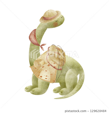 Dinosaur green traveler with long neck in hat, backpack, sweater. Watercolor illustrations in cartoon style isolated on background. Picture kids adventure hiking dino for design invitation card poster 129628484