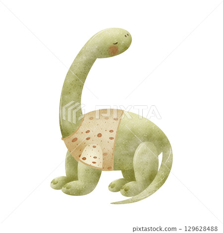 Dinosaur with a long neck in clothes, sweater. Watercolor illustrations of animal dino in children's cartoon style. Hand drawn isolated on background for design card party invitations poster templates 129628488