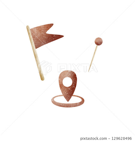 Set of red symbols, map designation, travel destination, geolocation, flag red, pin. Watercolor illustration of icons in a childish style. Clipart elements isolated on background. Drawing for design 129628496