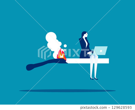 Burning work. A businesswoman sitting on a burning match Burning work. A businesswoman sitting on a burning match 129628593