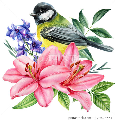 Great Tit Bird with Pink Lilies and Purple Flowers, Watercolor Botanical Spring Garden Illustration, Floral Nature Art on White Great Tit Bird with Pink Lilies and Purple Flowers, Watercolor Botanical Spring Garden Illustration, Floral Nature Art on White 129628665