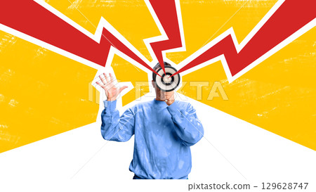 Bold colorful poster. Man shouting through megaphone with red lightning bolts on yellow background Bold colorful poster. Man shouting through megaphone with red lightning bolts on yellow background 129628747