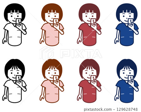 Icon of a female nurse looking at a smartphone. Part 2 Icon of a female nurse looking at a smartphone. Part 2 129628748