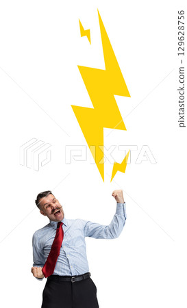 Bright artwork. Overjoyed businessman celebrating under large yellow lightning symbol on white background Bright artwork. Overjoyed businessman celebrating under large yellow lightning symbol on white background 129628756