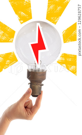 Collage of hand holding light bulb with lightning icon and radiant yellow beams on white background Collage of hand holding light bulb with lightning icon and radiant yellow beams on white background 129628757