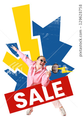 Collage of excited woman with megaphone promoting sale against bold lightning and color shapes 129628758