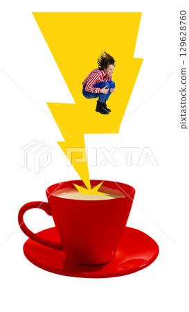 Bold poster. Smiling woman crouching inside yellow lightning bolt above red coffee cup on white background Bold poster. Smiling woman crouching inside yellow lightning bolt above red coffee cup on white background 129628760