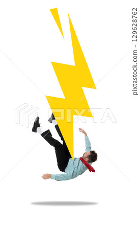 Creative artwork. Man in formal wear struck by large yellow lightning bolt on white background. Creative artwork. Man in formal wear struck by large yellow lightning bolt on white background. 129628762