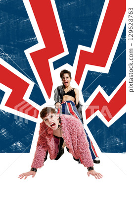 Modern collage. Punk woman pulling screaming man on leash with red lightning bolts on blue grunge background Modern collage. Punk woman pulling screaming man on leash with red lightning bolts on blue grunge background 129628763