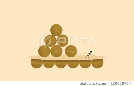 Minimalist Illustration of a Man Trying to Pull a Large Ball with Rope from a Stack of Balls Without Realizing That It Becomes Dangerous. Symbolizes Risk Taking and Potential Danger in Decision Making 129628764