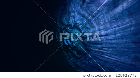 A sci-fi composite image of a grotesque satellite moving silently through dark space at the speed of light, projected in a blue-black. 129628772