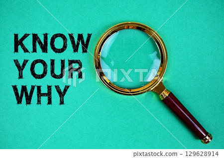 Know Your Why text with magnifying glass on green background 129628914
