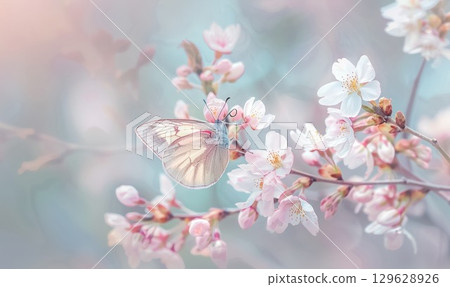vibrant fluttering butterfly amidst delicate soft cherry blossoms in spring garden 129628926