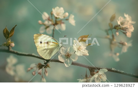 vibrant fluttering butterfly amidst delicate soft cherry blossoms in spring garden 129628927