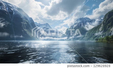 Majestic mountain landscape with snow peaks reflecting in tranquil lake surrounded by lush greenery during cloudy day 129628928