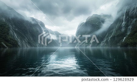 Majestic mountain landscape with snow peaks reflecting in tranquil lake surrounded by lush greenery during cloudy day 129628929