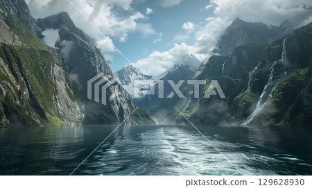 Majestic mountain landscape with snow peaks reflecting in tranquil lake surrounded by lush greenery during cloudy day 129628930