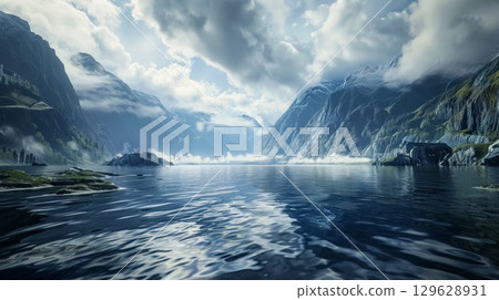 Majestic mountain landscape with snow peaks reflecting in tranquil lake surrounded by lush greenery during cloudy day Majestic mountain landscape with snow peaks reflecting in tranquil lake surrounded by lush greenery during cloudy day 129628931