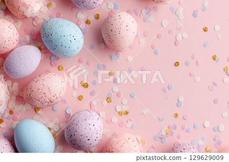 Easter composition. Easter eggs, confetti on pastel pink background. Flat lay, top view, copy space. Easter composition. Easter eggs, confetti on pastel pink background. Flat lay, top view, copy space. 129629009
