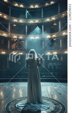 woman has rehearsal and singing at empty opera before live concert event 129629031