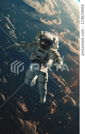 astronaut in space suit and helmet floating on the Earth orbit, space exploration concept astronaut in space suit and helmet floating on the Earth orbit, space exploration concept 129629068