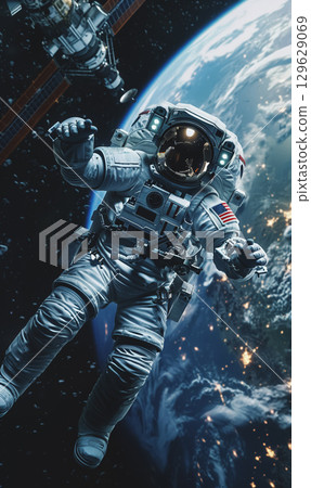 astronaut in space suit and helmet floating on the Earth orbit, space exploration concept 129629069