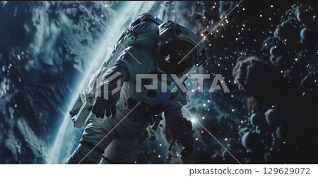 astronaut in space suit and helmet floating on the Earth orbit, space exploration concept 129629072