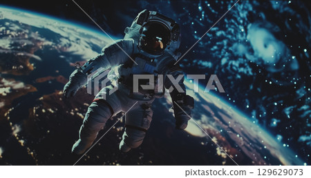 astronaut in space suit and helmet floating on the Earth orbit, space exploration concept 129629073