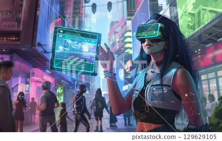 Futuristic neon city where people navigate virtual worlds using VR headsets and smartphones, surrounded by holographic billboards, immersive tech, and digital avatars 129629105