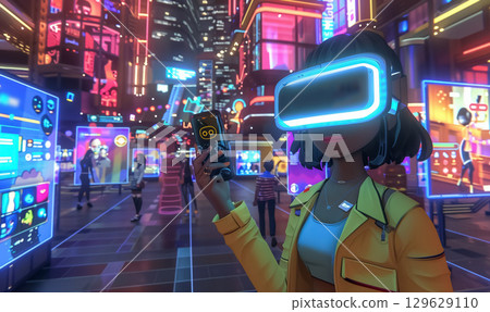 Futuristic neon city where people navigate virtual worlds using VR headsets and smartphones, surrounded by holographic billboards, immersive tech, and digital avatars 129629110