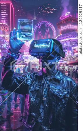Futuristic neon city where people navigate virtual worlds using VR headsets and smartphones, surrounded by holographic billboards, immersive tech, and digital avatars 129629117