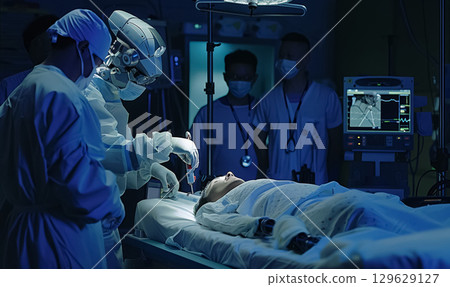 robot with automatic hand assist with surgery in hospital in operational room, futuristic automated healthcare concept 129629127