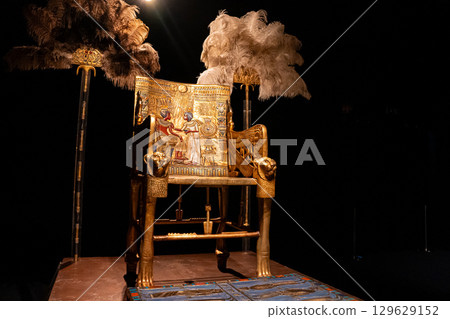 Ceremonial Golden Throne Of Tutankhamun, Luxurious Armchair Pf Pharaoh. Egyptian Ceremonial Golden Throne Of Tutankhamun, Luxurious Armchair Pf Pharaoh. Egyptian 129629152