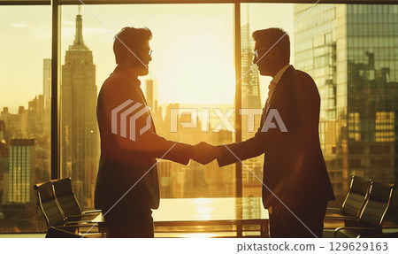 two successful businessmen handshake after reaching an business agreement, two ceo shaking hands after signing contract and making deal 129629163