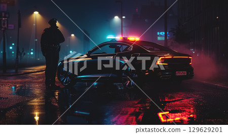 A police officer stands near patrol cars on a misty street at night, with blue and red lights reflecting on the wet road, creating a tense atmosphere of a potential crime scene 129629201