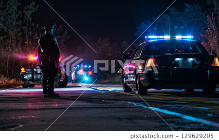 A police officer stands near patrol cars on a misty street at night, with blue and red lights reflecting on the wet road, creating a tense atmosphere of a potential crime scene 129629205