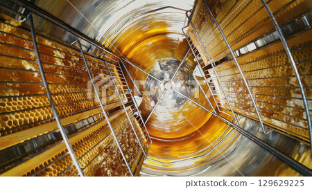 Honey Manual Extracting In Metal Barrel Centrifuge. Frames Rotating, Apiarist 129629225