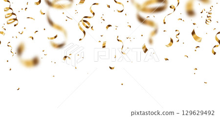 Gold confetti, serpentine ribbons vector background. Golden party festival banner with swirl streamers. Copy space. Festive illustration for gift, holiday, birthday celebration design 129629492