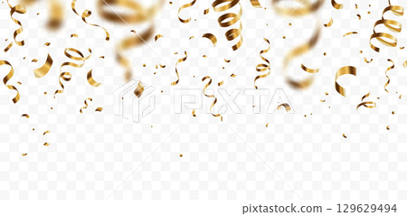 Gold confetti, serpentine ribbons vector background. Golden party festival banner with swirl streamers. Copy space. Festive illustration for gift, holiday, birthday celebration design Gold confetti, serpentine ribbons vector background. Golden party festival banner with swirl streamers. Copy space. Festive illustration for gift, holiday, birthday celebration design 129629494