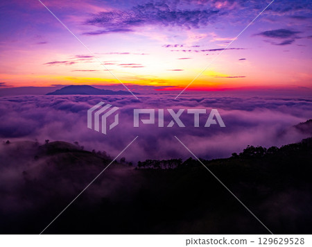 Drone aerial view of landscape mountains view in sunrise or sunset time,High angle view over countryside at northern Vietnam 129629528