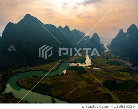 Drone aerial view of landscape mountains view in sunrise or sunset time,High angle view over countryside at northern Vietnam 129629529