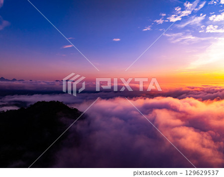 Drone aerial view of landscape mountains view in sunrise or sunset time,High angle view over countryside at northern Vietnam 129629537