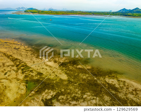 Aerial view of sandbar with turquoise sea at Laem had Koh khao yai Phang Nga Thailand, summer background and summer holiday concept 129629569
