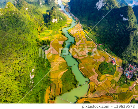 Drone aerial view of landscape mountains view in sunrise or sunset time,High angle view over countryside at northern Vietnam 129629578
