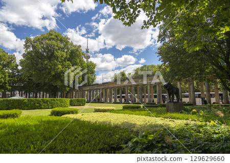 Berlin, Germany - July 01, 2018: Colonnade courtyard in front of the entrance of the Alte Nationalgalerie (Old National Gallery) in Berlin 129629660