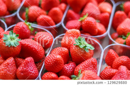 Fresh, vibrant red strawberries are neatly packed in clear plastic containers, highlighting their juicy appeal and readiness for sale or consumption. 129629880