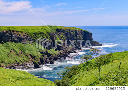 Summer Pacific Ocean as seen from Cape and Flower Mist Highway Observatory in Akkeshi Town, Hokkaido 129629925